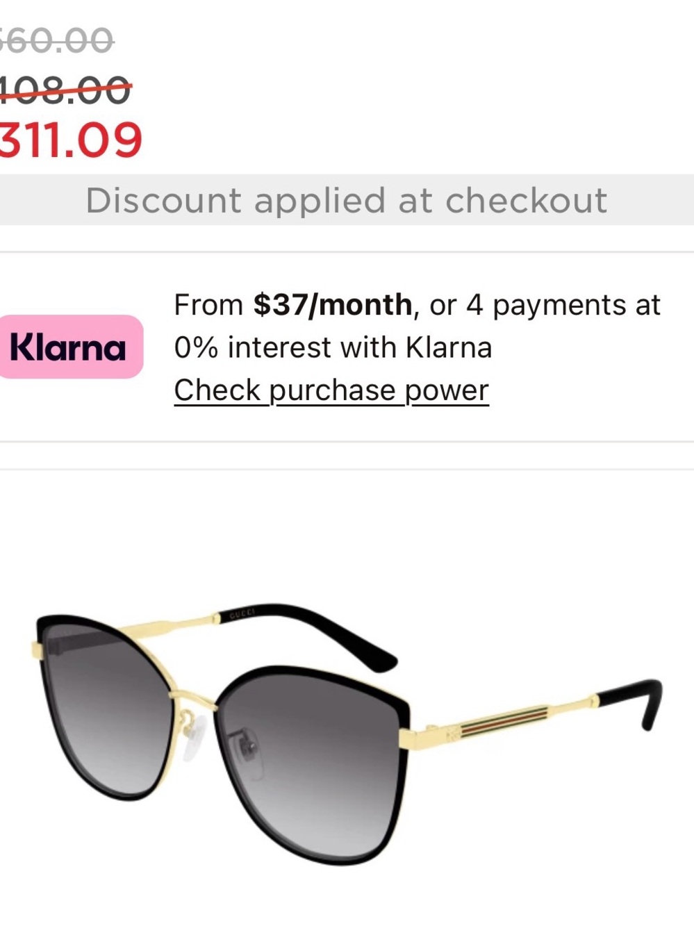 Gucci Black Frame Sunglasses with Gold Temples and Gray Gradient Lenses